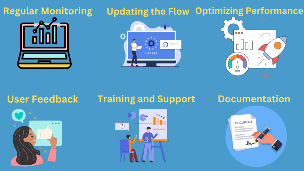 "Illustration of managing and maintaining Power Automate flow to ensure seamless automation and optimal performance, featuring a user interface with flow management tools and performance optimization tips."
