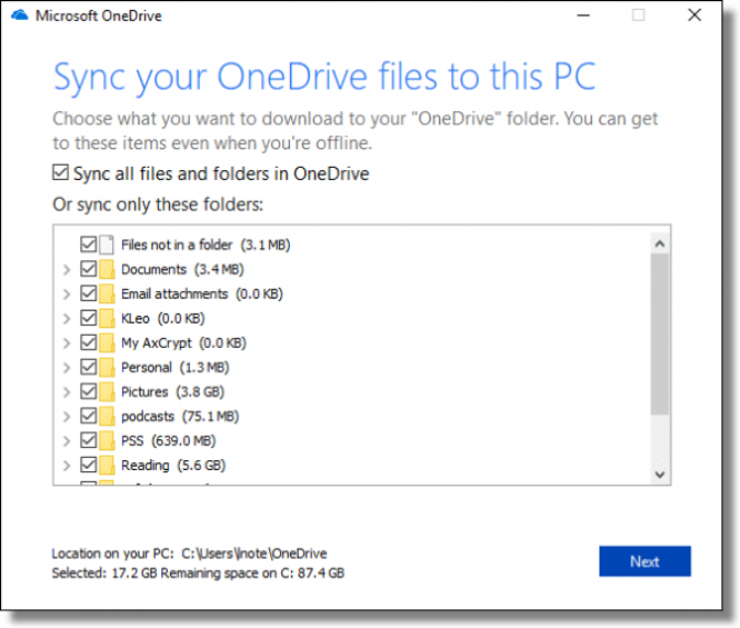 How to select folders in OneDrive for data backups.