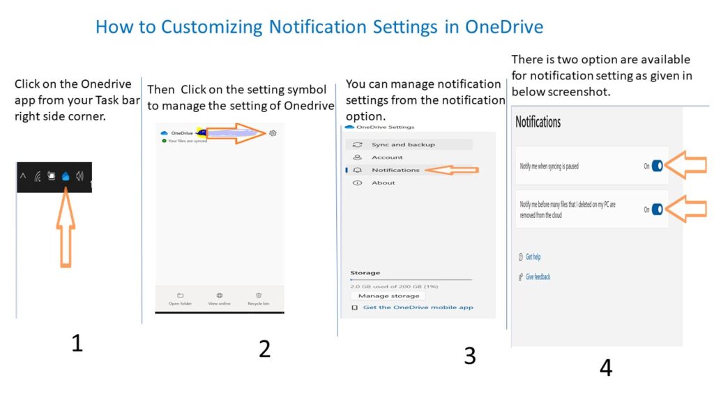 The step-by-step guide for notification settings in OneDrive.