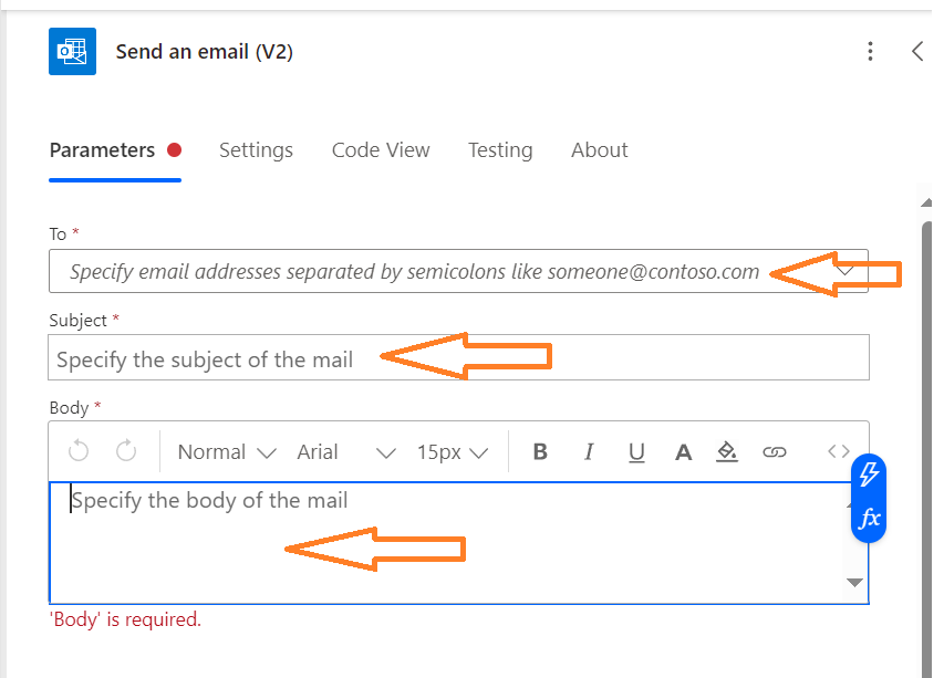"Configuring the email action in Power Automate: specify recipient, subject, and body of the email for seamless automation."