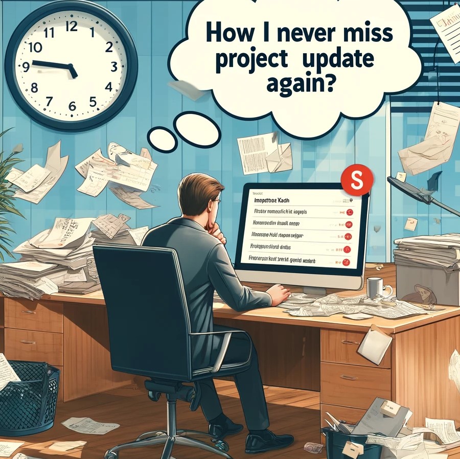 "Illustration of a professional sitting at a desk on a Monday morning, overwhelmed by a pile of tasks and emails. The image emphasizes the frustration of missing an important project update due to delayed notifications, highlighting the need for an automating email notification system with Power Automate to ensure crucial updates are never missed."