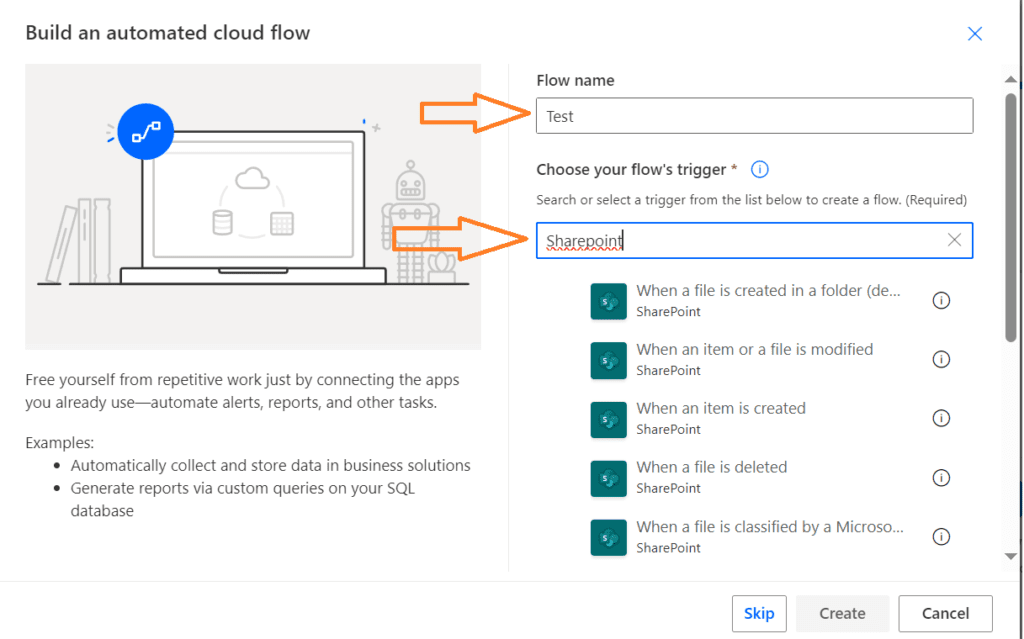 "Illustration of naming a flow in Power Automate and searching for SharePoint. The image shows a user interface with a text field for entering the flow name and a search bar with the term 'SharePoint' being typed, highlighting the ease of integrating SharePoint with Power Automate for streamlined workflows."