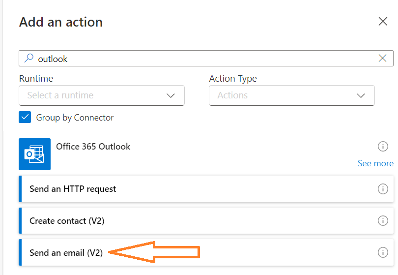 "Search for 'Office 365 Outlook' and select 'Send an email (V2)' in Power Automate interface for setting up automated email notifications"