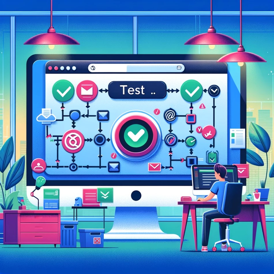 "Illustration of a person testing software on a computer screen before going live, emphasizing the importance of identifying and fixing issues to ensure smooth operation. The image features various icons representing bugs, checkmarks, and tools, highlighting the critical steps in the testing process. Ideal for articles on the significance of thorough testing in software development."