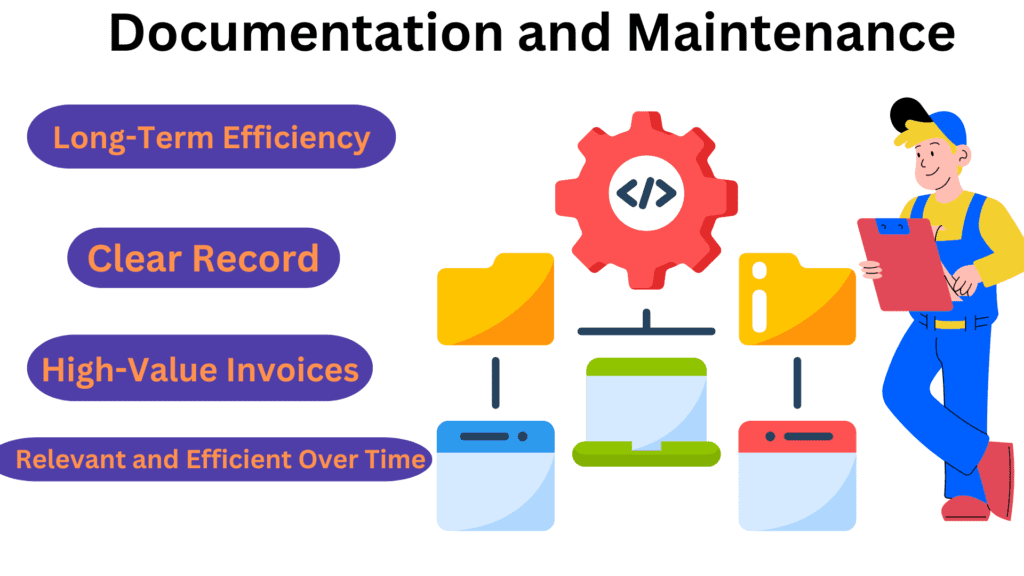 "Illustration showing the documentation and maintenance process of conditions and loops in Power Automate flows, emphasizing organized workflows and efficient automation management."